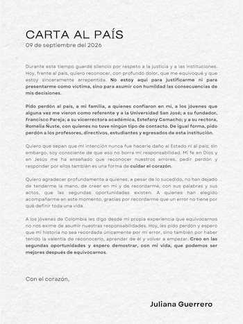 En su carta al país, Juliana Guerrero afirmó que se equivocó, expresó arrepentimiento y sostuvo que asumirá las consecuencias de sus decisiones - crédito @j_guerrero_j/Instagram