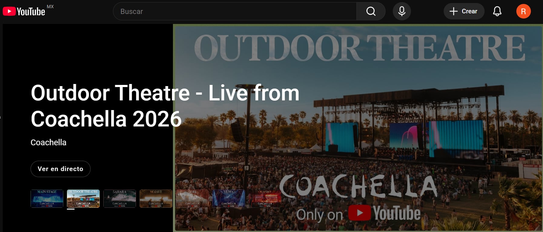 La función Multiview de YouTube Coachella permite a los asistentes virtuales seguir hasta cuatro escenarios simultáneamente desde cualquier dispositivo en México. (Captura de pantalla)