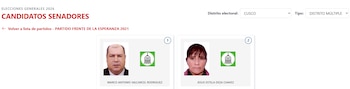 Interfaz web de Elecciones Generales 2026. Muestra candidatos al Senado por Cusco: Marco Antonio Valcarcel Rodriguez y Jesus Estela Deza Chavez, con sus fotos