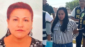 Collage: a la izquierda, foto de una mujer de cabello rojizo; a la derecha, una mujer de cabello oscuro, blusa a rayas y jeans, escoltada por policías