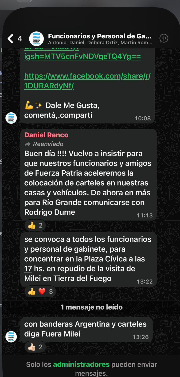 Los chats de funcionarios fueguinos convocando a marchar