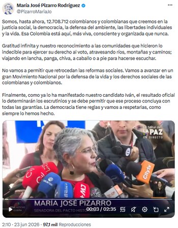 María José Pizarro pidió serenidad y destacó la estrechez en el conteo electoral colombiano - crédito @PizarroMariaJo/X