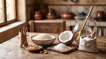 Tazón con arroz, frasco con varas de canela, almendras, medio coco, bolsa de azúcar y jarra con agua sobre una mesa de madera.
