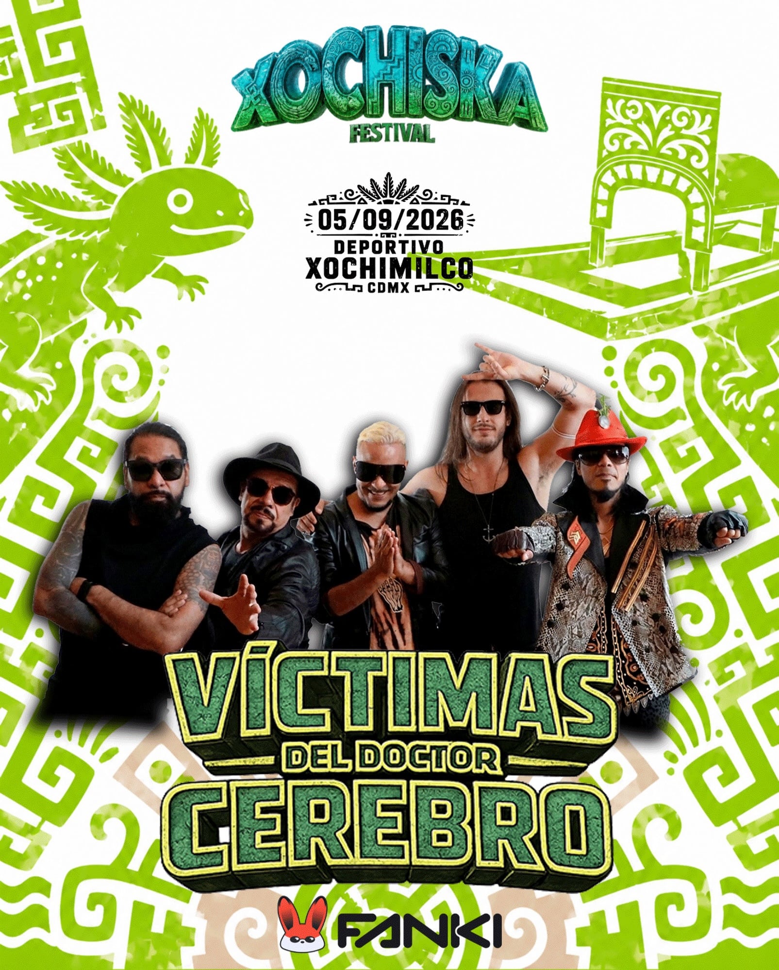 El cartel del Xochiska Festival anuncia la presentación de la banda Víctimas del Doctor Cerebro el 5 de septiembre de 2026 en el Deportivo Xochimilco de la Ciudad de México. (Xochiska/Instagram)