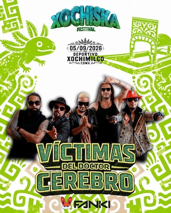 Cartel promocional con cinco integrantes de una banda musical, el texto Víctimas del Doctor Cerebro, la fecha 05/09/2026 e ilustraciones verdes