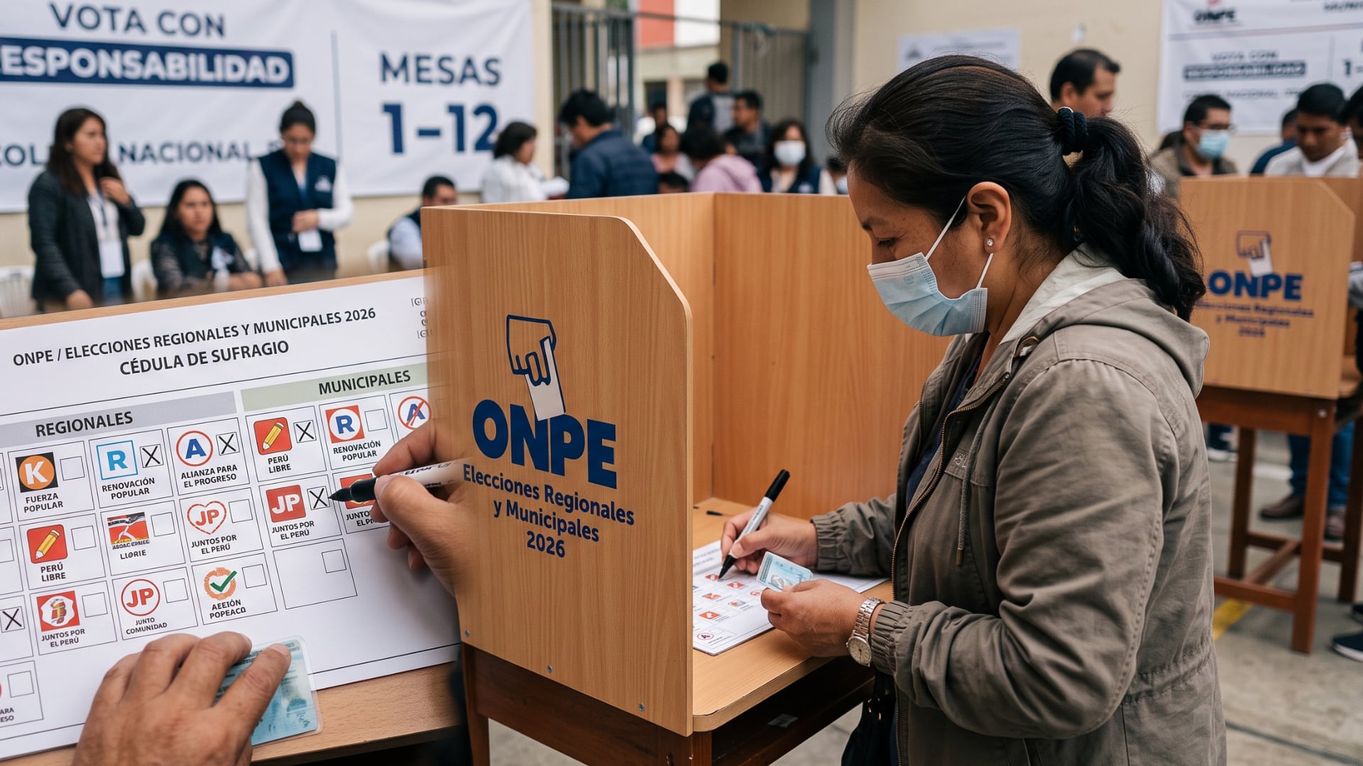 La cédula de votación para las Elecciones Regionales y Municipales 2026 no tendrá fotografías de los candidatos, solo símbolos de las organizaciones políticas. Visuales IA