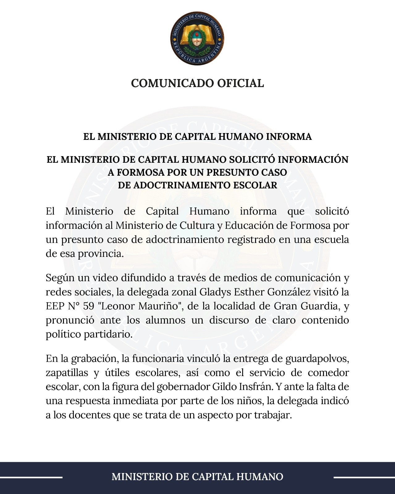 El Ministerio de Capital Humano le exigió al gobierno de Formosa que informara qué medidas adoptaría respecto de las autoridades involucradas y qué mecanismos tenía vigentes para prevenir el adoctrinamiento político en las escuelas