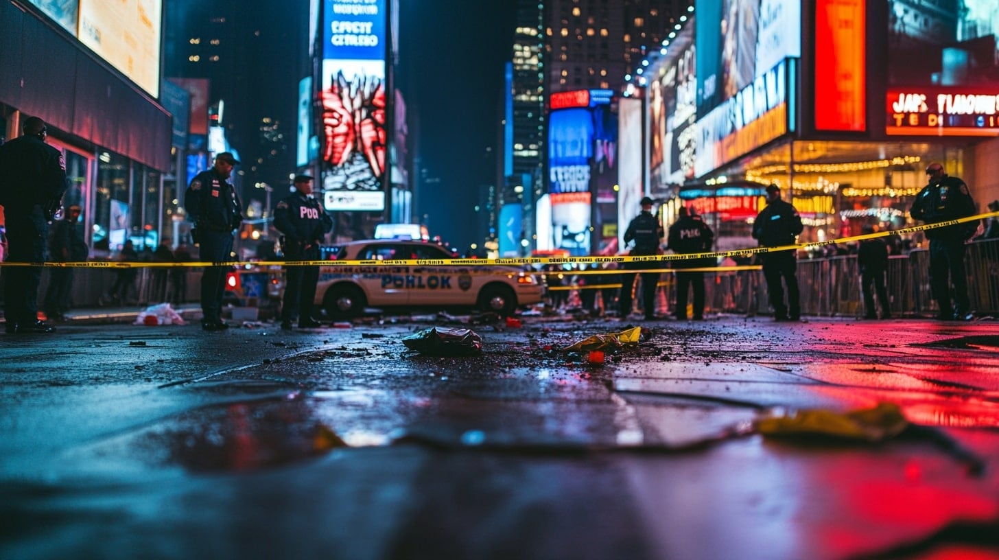 Escena de crimen acordonada con cinta policial, patrullas en el fondo y oficiales investigando el área. - (Imagen Ilustrativa Infobae)