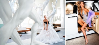 Dos fotografías: una mujer posa con vestido largo entre estatuas blancas y otra mujer baja de un automóvil blanco con vestido plateado