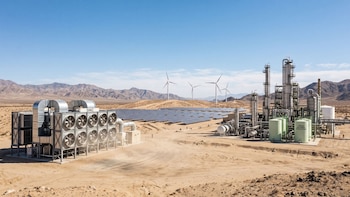 Planta industrial con una estructura de ventiladores con la sigla DAC, paneles solares, aerogeneradores y torres de destilación en el desierto