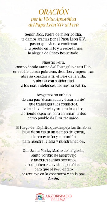 Texto de una oración católica sobre un fondo vegetal difuminado, con el escudo oficial del Arzobispado de Lima en la parte inferior