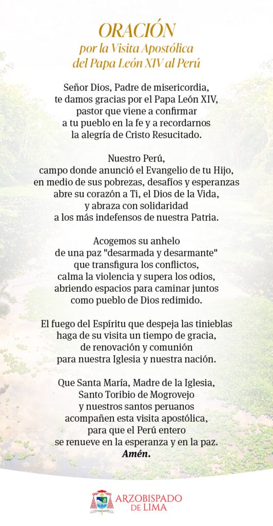 Una estampa difundida por el Arzobispado de Lima presenta el texto de la oración oficial elaborada para la visita del papa León XIV a Perú. (Arzobispado de Lima)
