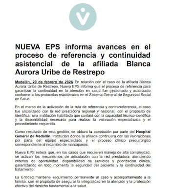Comunicado Nueva EPS sobre caso de una paciente cardíaca - crédito Nueva EPS