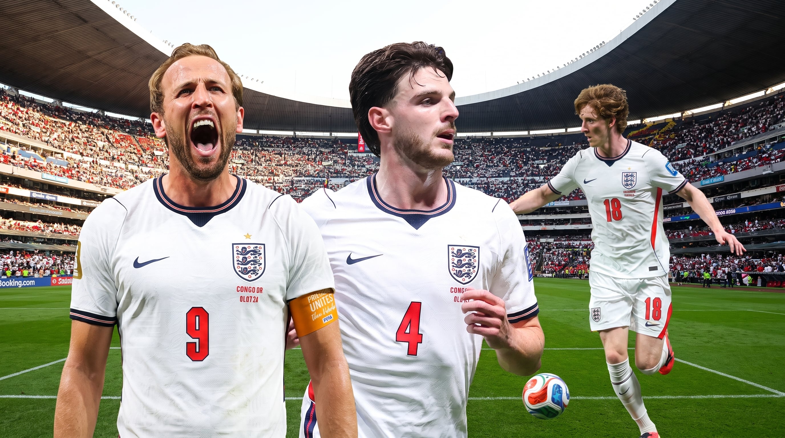 Harry Kane, Declan Rice y Anthony Gordon, futbolistas de la selección de Inglaterra, se muestran sobre el césped del Estadio Azteca. (Imagen Ilustrativa Infobae/AFP) (Imagen Ilustrativa Infobae)