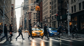 Vista de un cruce peatonal en una avenida de Nueva York con peatones cruzando, automóviles (incluido un taxi amarillo) y ciclistas detenidos en la calle mojada.