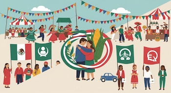 Ilustración dividida en diagonal: arriba, fiesta cultural con gente bailando y comiendo; abajo, personas con banderas de México y derechos humanos, pareja abrazada.