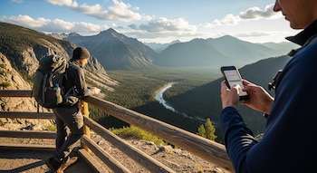 Un hombre con mochila mira un valle boscoso con un río, mientras otra persona en primer plano usa un smartphone en un mirador con valla de madera.