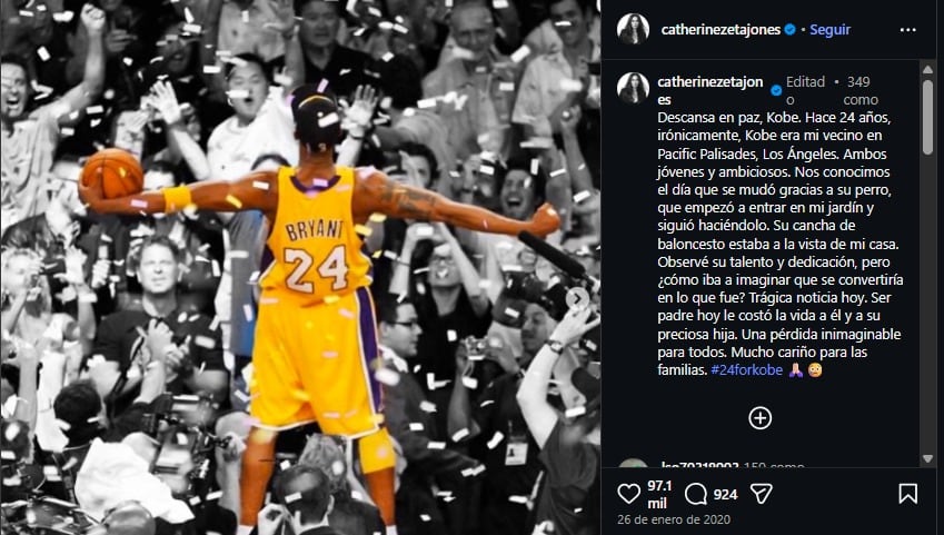 Catherine Zeta-Jones homenajeó a Kobe Bryant tras su trágica muerte en 2020.