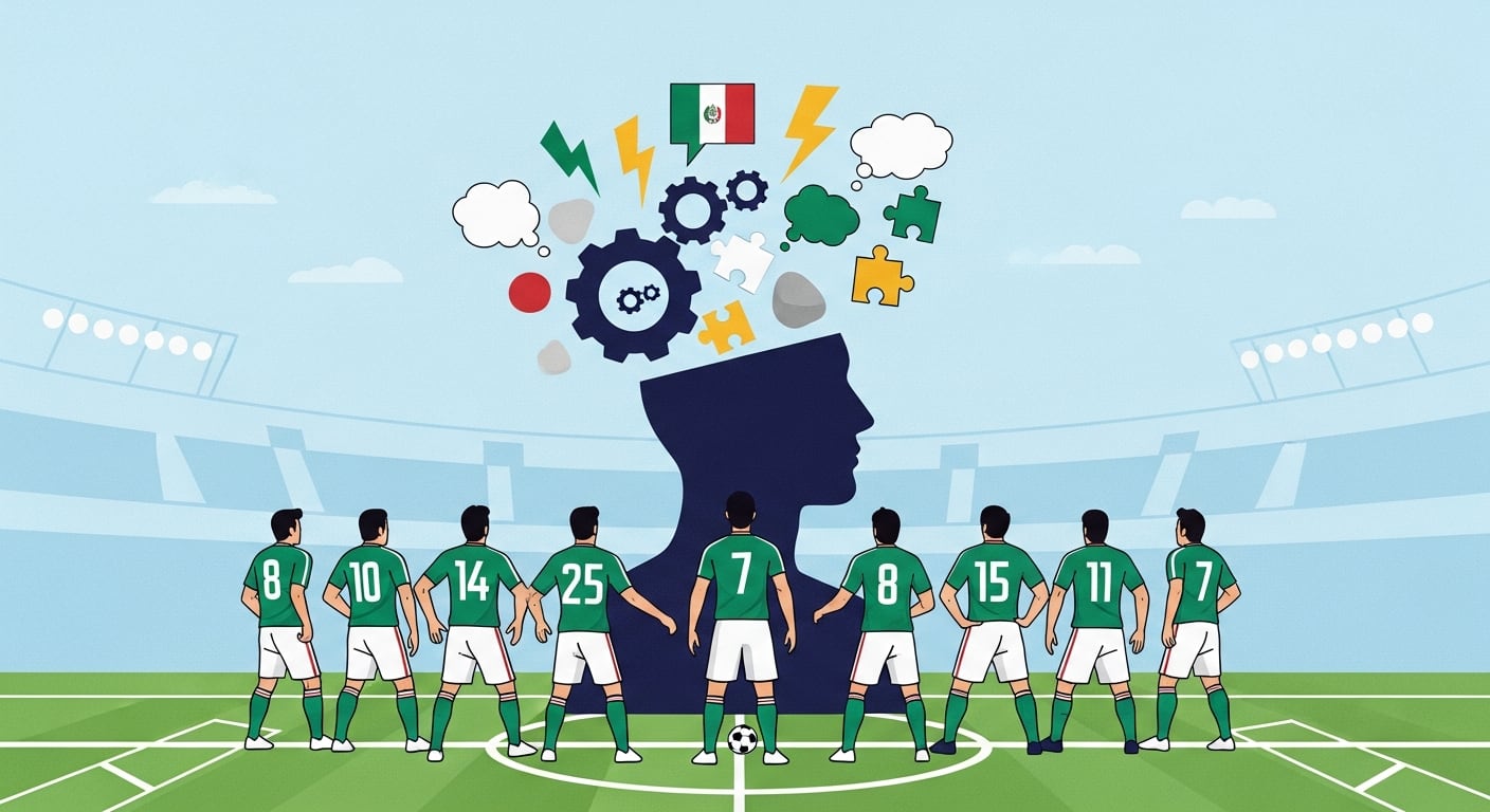 Una ilustración plana muestra a la Selección Mexicana de fútbol de espaldas en un campo, con una silueta de cabeza abierta revelando engranajes, rayos, burbujas y piezas de puzle, simbolizando el desafío mental del deporte. (Imagen Ilustrativa Infobae)