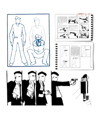 Múltiples ilustraciones de un manual: figuras esquemáticas y siluetas en blanco y negro que representan técnicas de combate y uso de armas de fuego