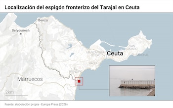 Mapa con localización del espigón fronterizo del Tarajal en Ceuta. Más de 100 menores y cientos de adultos, en su inmensa mayoría de origen magrebí, han llegado a Ceuta en la madrugada de este jueves 30 de julio y se ha localizado el cadáver de un nadador ahogado en aguas de la ciudad autónoma, con lo que son ya 30 los cuerpos sin vida localizados en la costa ceutí en lo que va de año.
