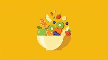 Un tazón blanco con trozos de manzana, kiwi, naranja, frutillas, arándanos, banana y frutos secos sobre fondo amarillo.