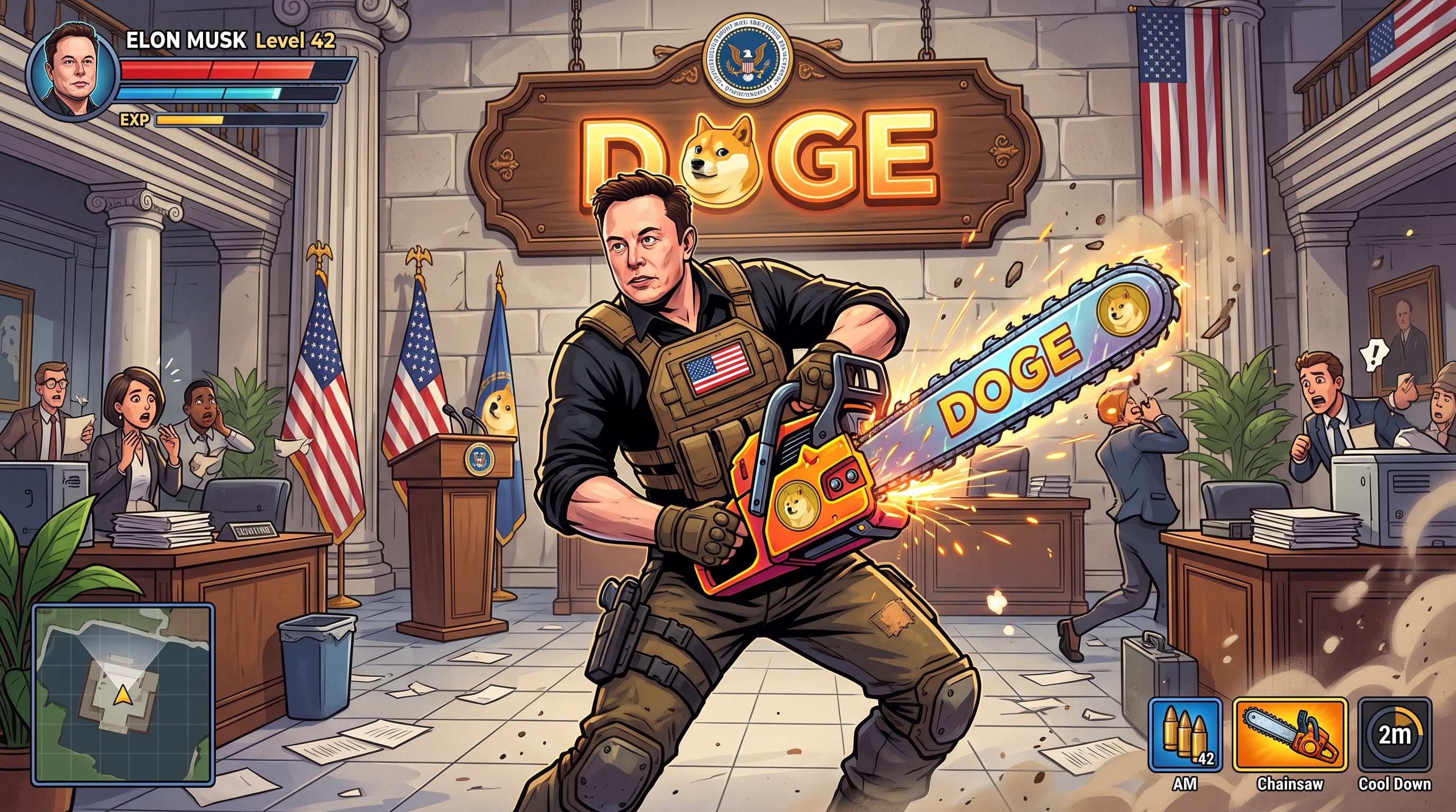 Una ilustración con estética de videojuego representa a Elon Musk con una motosierra en un despacho oficial de DOGE (Imagen Ilustrativa Infobae)