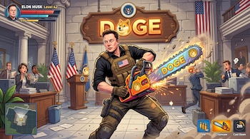 Ilustración digital de Elon Musk sosteniendo una motosierra en una oficina con banderas de Estados Unidos y personas alrededor.
