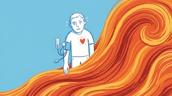 Ilustración: Persona con tensiómetro y corazón rojo brillante en el pecho, sudando, siendo envuelta por una gran ola naranja, roja y amarilla sobre fondo azul.