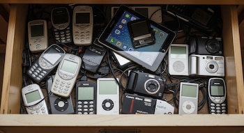 Vista aérea de un cajón de madera lleno de una variedad de dispositivos electrónicos viejos como teléfonos Nokia, tablets, iPods, cámaras y cables.