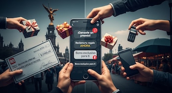 Manos sostienen cajas de regalo, un cheque de dos mil pesos, un teléfono móvil inteligente con mensaje de premio y un teléfono móvil antiguo.