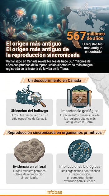Infografía sobre un descubrimiento en Canadá de fósiles de 567 millones de años con detalles de reproducción sincronizada y su importancia.