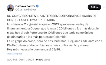 El director del DPS, Gustavo Bolívar, criticó al Congreso por el hundimiento de la reforma tributaria - crédito @GustavoBolivar/X