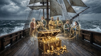 Encontrado no Whydah Gally na chuva, um caixão dourado Akan aberto no convés revela um fio dourado conectando figuras históricas e científicas.