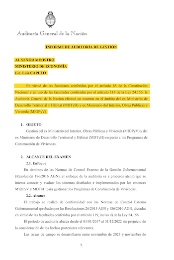 Documento oficial titulado "INFORME DE AUDITORÍA DE GESTIÓN" de la Auditoría General de la Nación, dirigido a Luis Caputo, Ministro de Economía, sobre vivienda