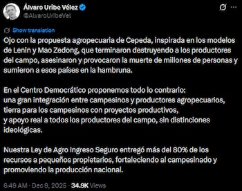 Expresidente Uribe criticó propuesta agropecuaria