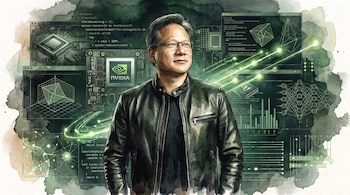 Hombre con gafas y chaqueta de cuero. Fondo verde con circuitos electrónicos, microchips (uno con logo NVIDIA), código, gráficos y redes neuronales.