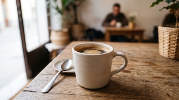 Una taza de café humeante con una cuchara y un plato pequeño sobre una mesa de madera, con una persona desenfocada al fondo.