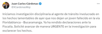 Juan Carlos Cárdenas, alcalde de Bucaramanga, indicó que ya se adelantan las investigaciones con relación a la muerte de Daniel Felipe Ibáñez. Foto: @JCardenasRey/ Twitter