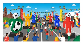 Ilustración de una avenida en Ecatepec con decoraciones festivas, nueve esculturas monumentales de fútbol y símbolos mexicas, y personas diversas celebrando.