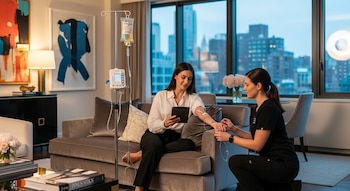 Una mujer sentada en un sofá recibe una infusión intravenosa de una profesional médica en un lujoso apartamento, con una ventana con vista a la ciudad.