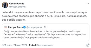 Óscar Puente responde a Ouigo