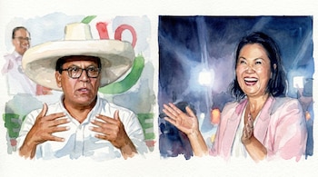 Pintura en acuarela dividida en dos: a la izquierda, Roberto Sánchez con sombrero y gafas; a la derecha, Keiko Fujimori sonriendo y aplaudiendo.