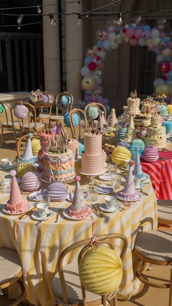 Mesa al aire libre con pasteles decorados, bonetes de papel en cada plato, tazas, vasos y esferas de papel junto a un arco de globos