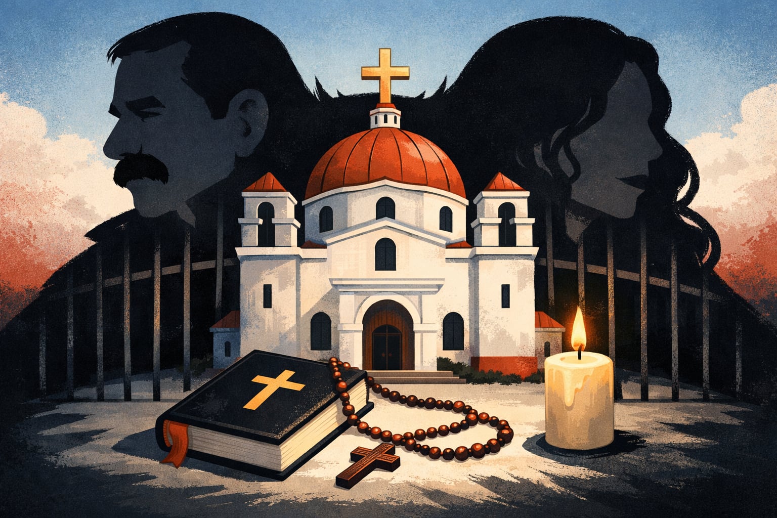 Siluetas de Daniel Ortega y Rosario Murillo rodean una iglesia católica nicaragüense, con barrotes proyectados sobre ella y objetos religiosos en primer plano. (Imagen Ilustrativa Infobae)