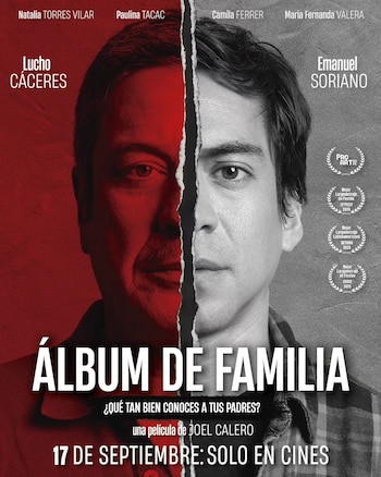 Afiche dividido con los rostros de dos hombres, el título Álbum de familia, nombres de actores y la fecha de estreno 17 de septiembre