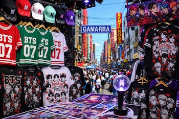 Puesto con camisetas impresas de BTS, gorras y un bastón de luz frente a una calle con el cartel de Gamarra y transeúntes.