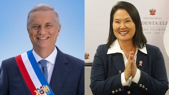 Un hombre de traje y banda presidencial y una mujer con blazer azul y manos juntas. Un cartel con el texto "Oficina de la Presidenta Electa" visible