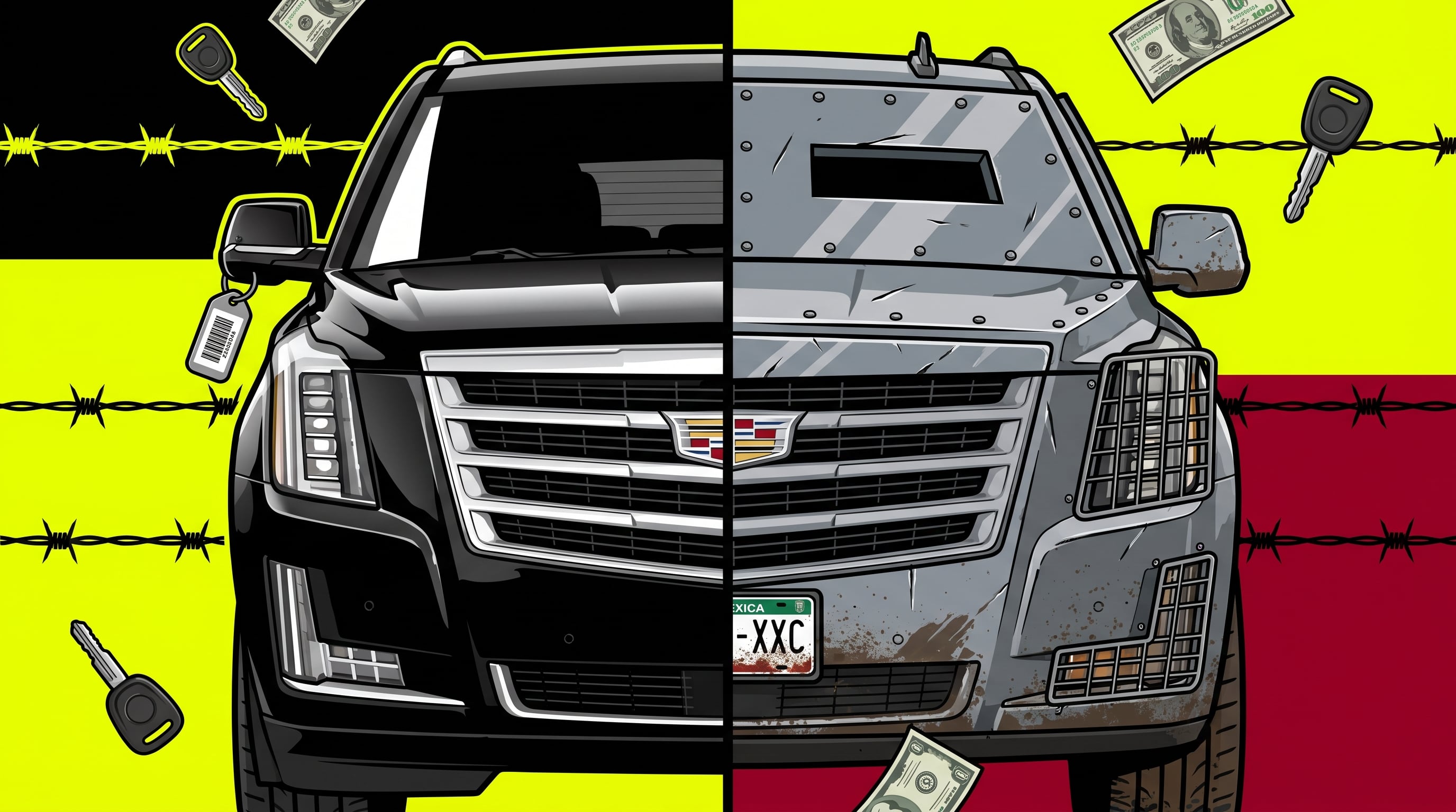 Una ilustración contrasta una camioneta de lujo de alquiler con su modificación en un vehículo con blindaje artesanal y placas metálicas. (Imagen Ilustrativa Infobae)