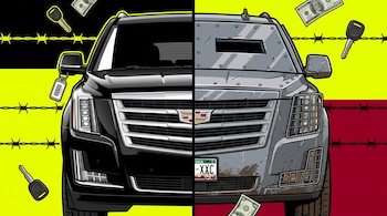 Ilustración dividida de una camioneta negra a la izquierda y blindada con placas de acero a la derecha, con alambre de púas, llaves y billetes.